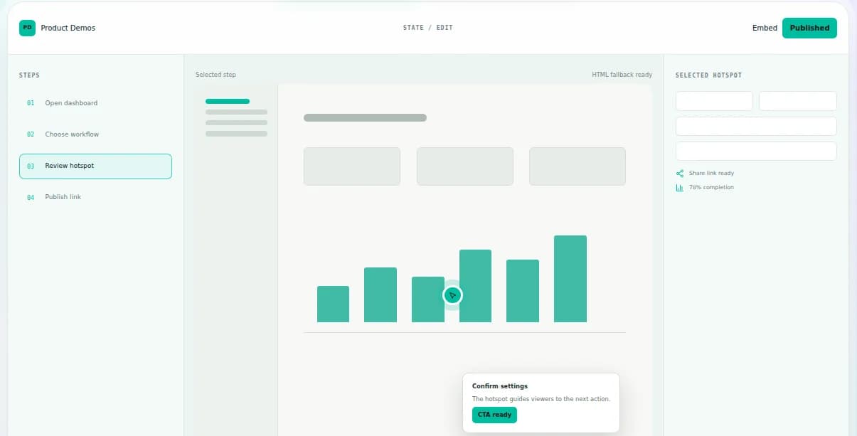Product Demos editor with a selected hotspot and publishing controls
